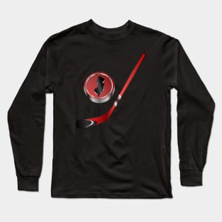 NHL - NJ Red Black Silver White accent Stick and Puck Long Sleeve T-Shirt